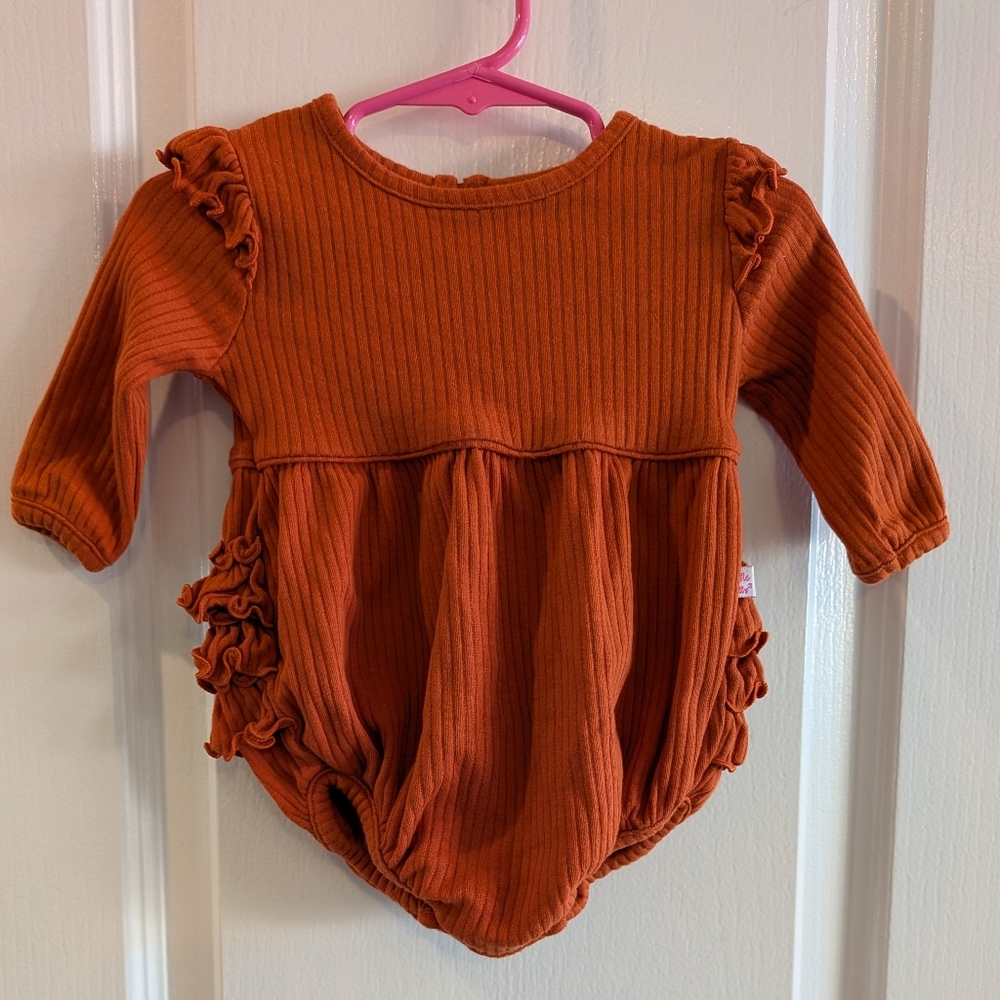 Ruffle Butts Bubble Romper Flutter Long Sleeve Rust Orange Ribbed Girls Size 3M